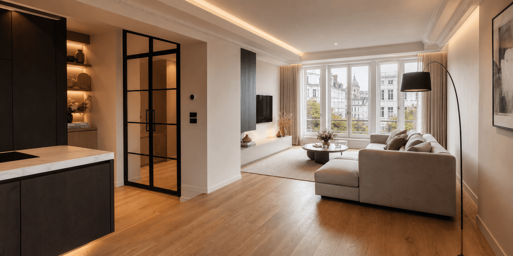 Afgewerkte leefruimte na renovatie